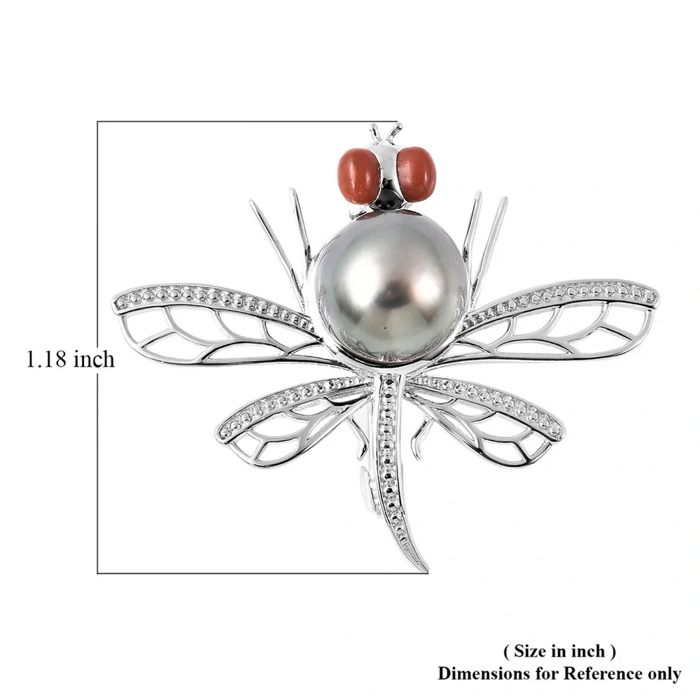 Tahitian Pearl & Red Jade Dragonfly Pendant/Brooch